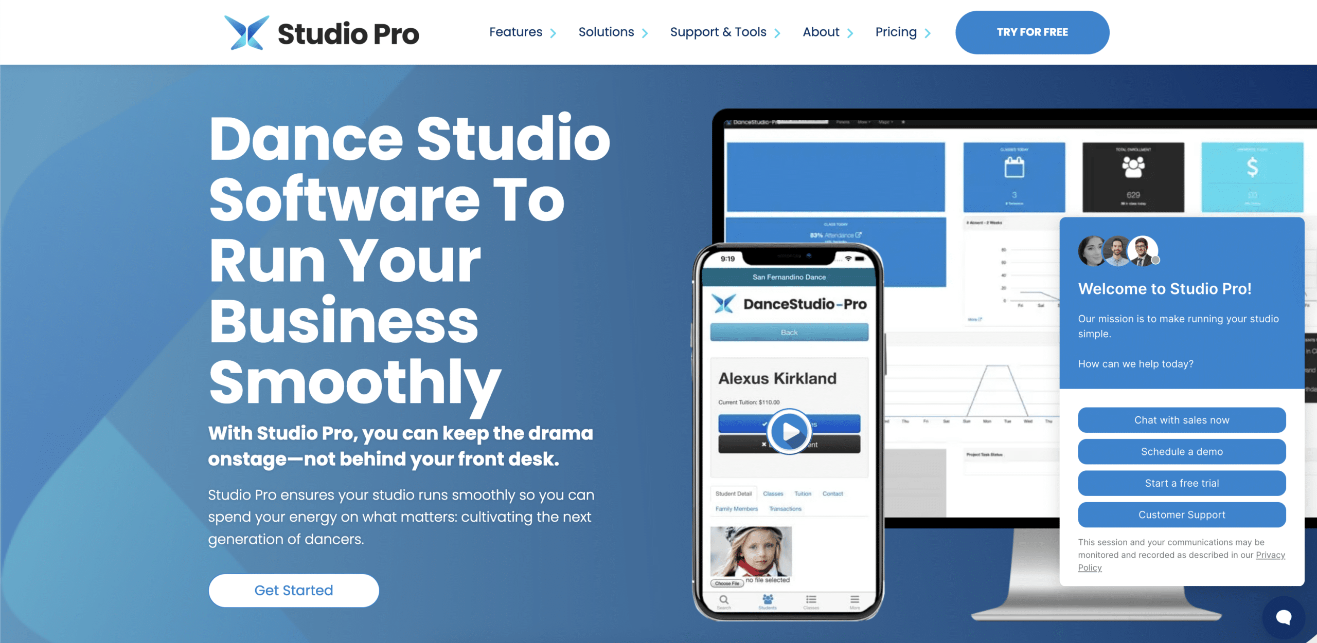 screenshot of homepage for DanceStudio-pro
